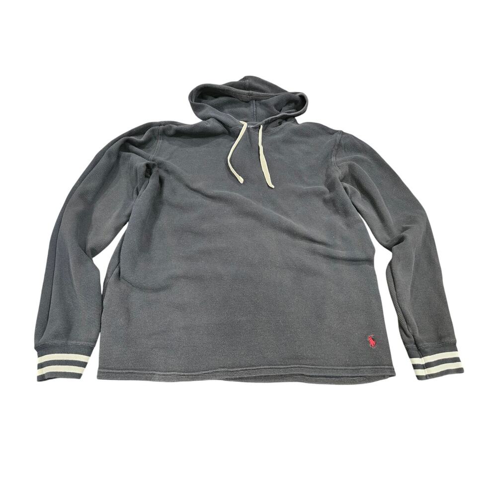 Polo Ralph Lauren Waffle Hoodie Red Pony Striped Cuff Thermal Pullover Mens M